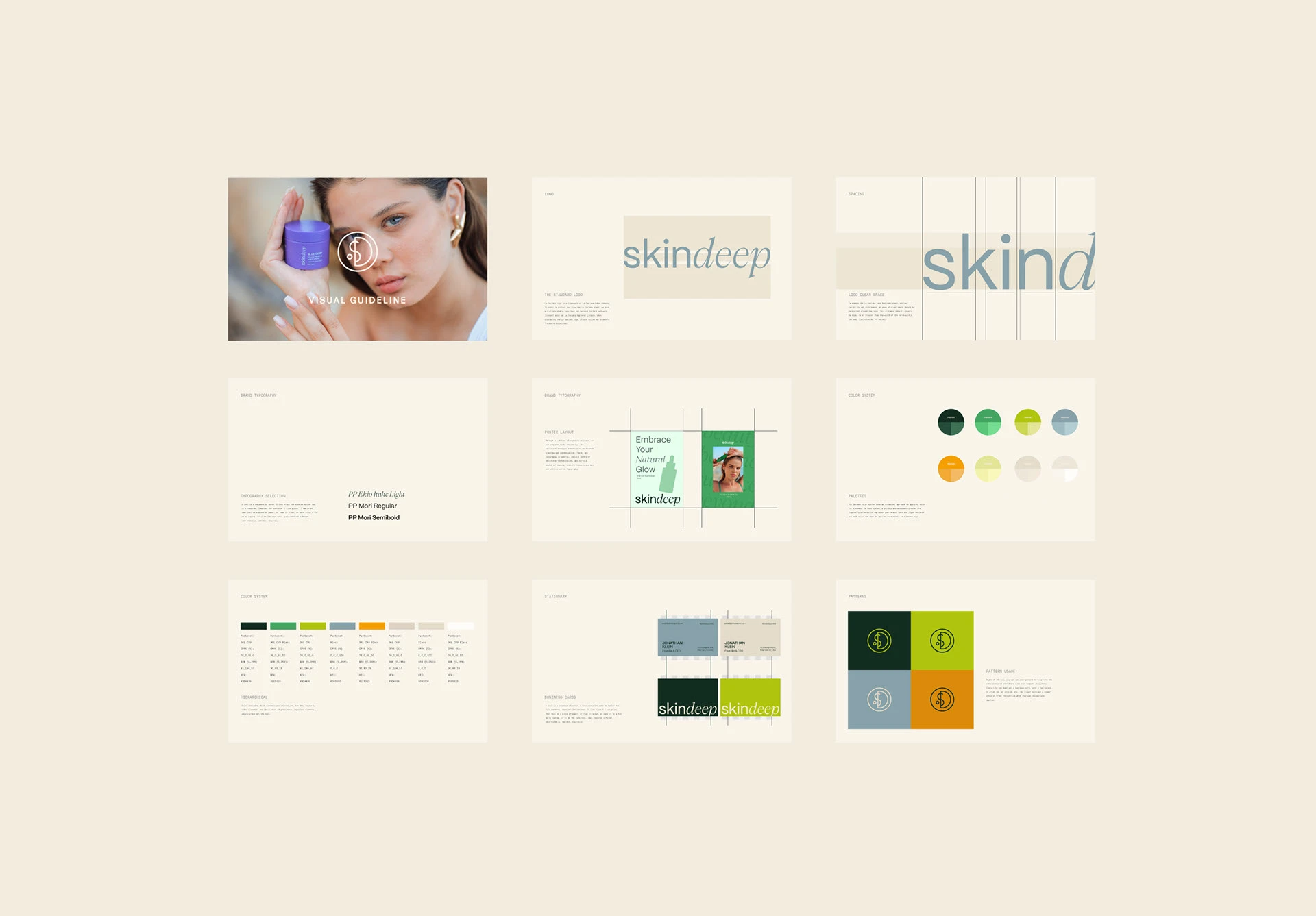 Image 3: Detailed grid layout of skincare brand identity packaging design typography