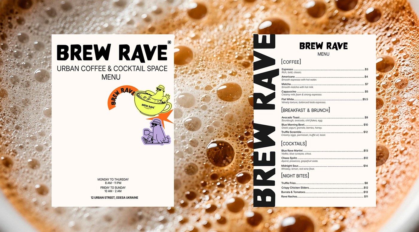 Image 5: BREW RAVE \ Identity \ Logo context shot — brand identity design by Valeriia Oprishan