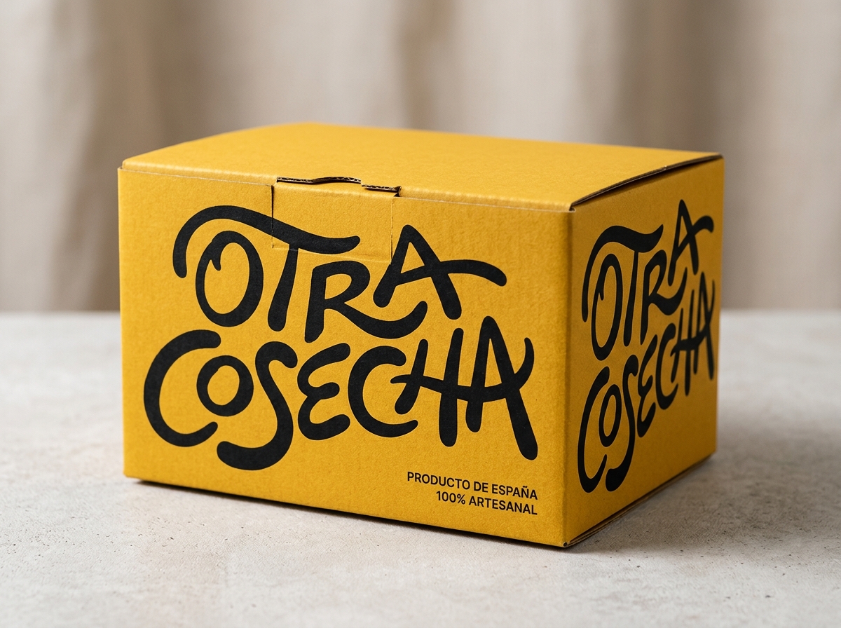 Image 3: Closed mustard yellow box with black fluid pisco branding typography logo detail