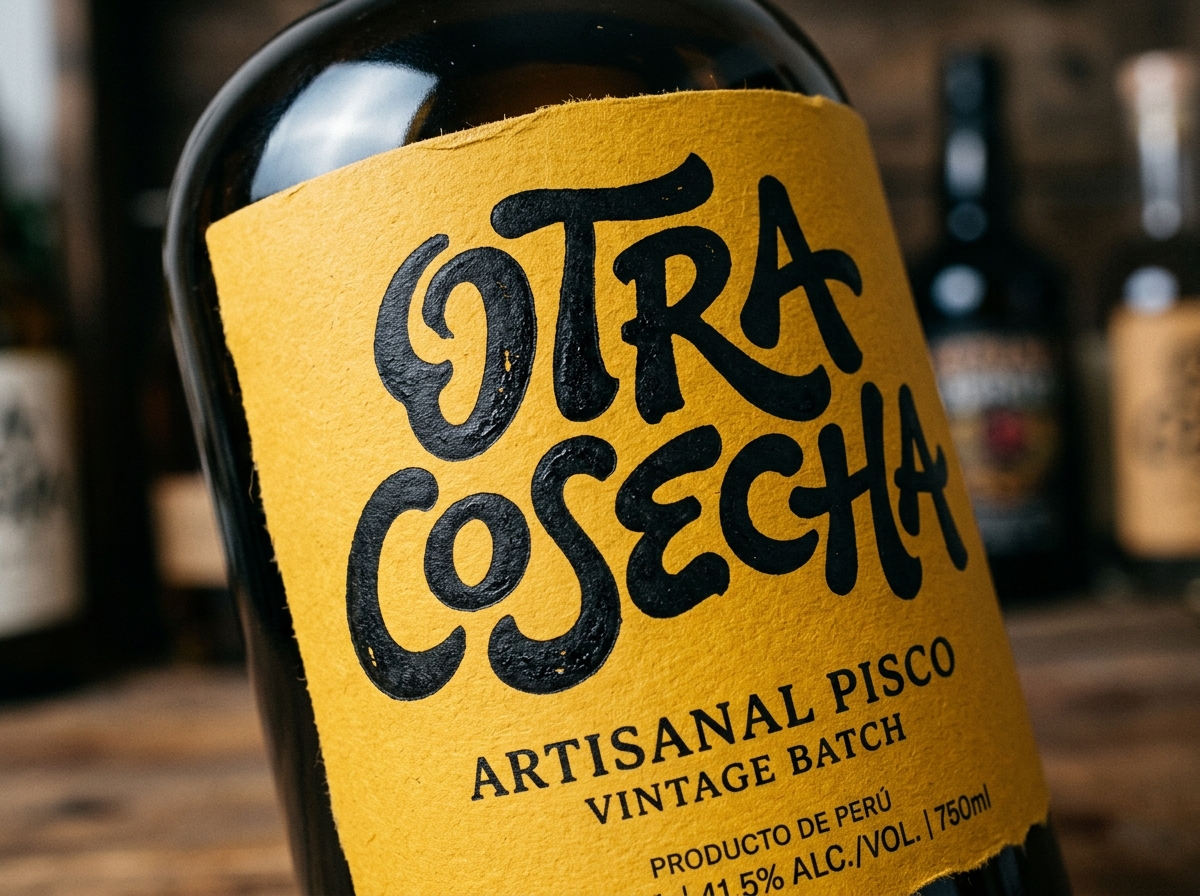 Image 2: Detailed close up of custom fluid pisco branding typography on textured mustard yellow label