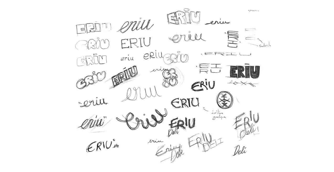 Image 1: Eriu Deli packaging collateral in earth tones with custom hand-lettered type on kraft paper — handcrafted branding identity
