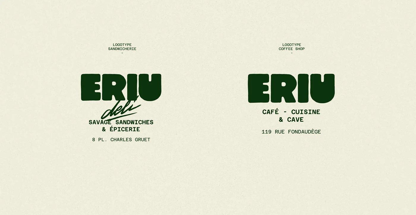 Image 4: Ériu Deli and Ériu café logotype comparison — deli script mark alongside café wordmark on off-white ground