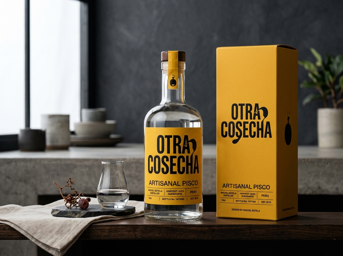 Image 1: Minimalist pisco branding design mockup featuring mustard yellow label and black lettering