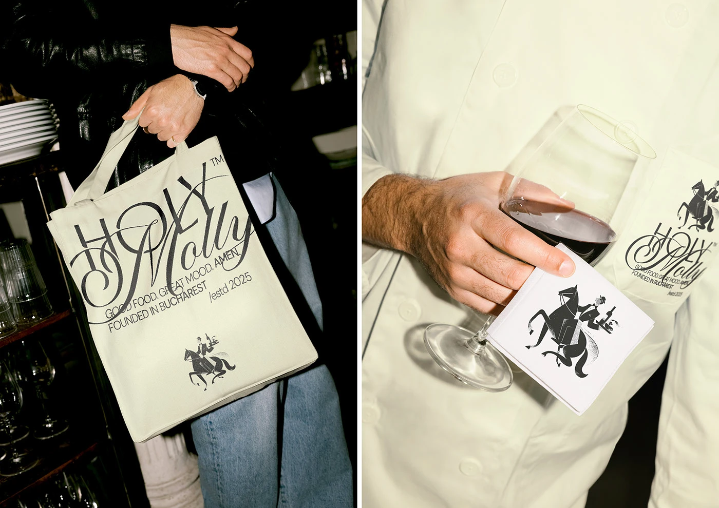 Image 5: Holy Molly branded wine bottle and delivery boxes with tuxedoed waiter mascot on cream — restaurant brand identity