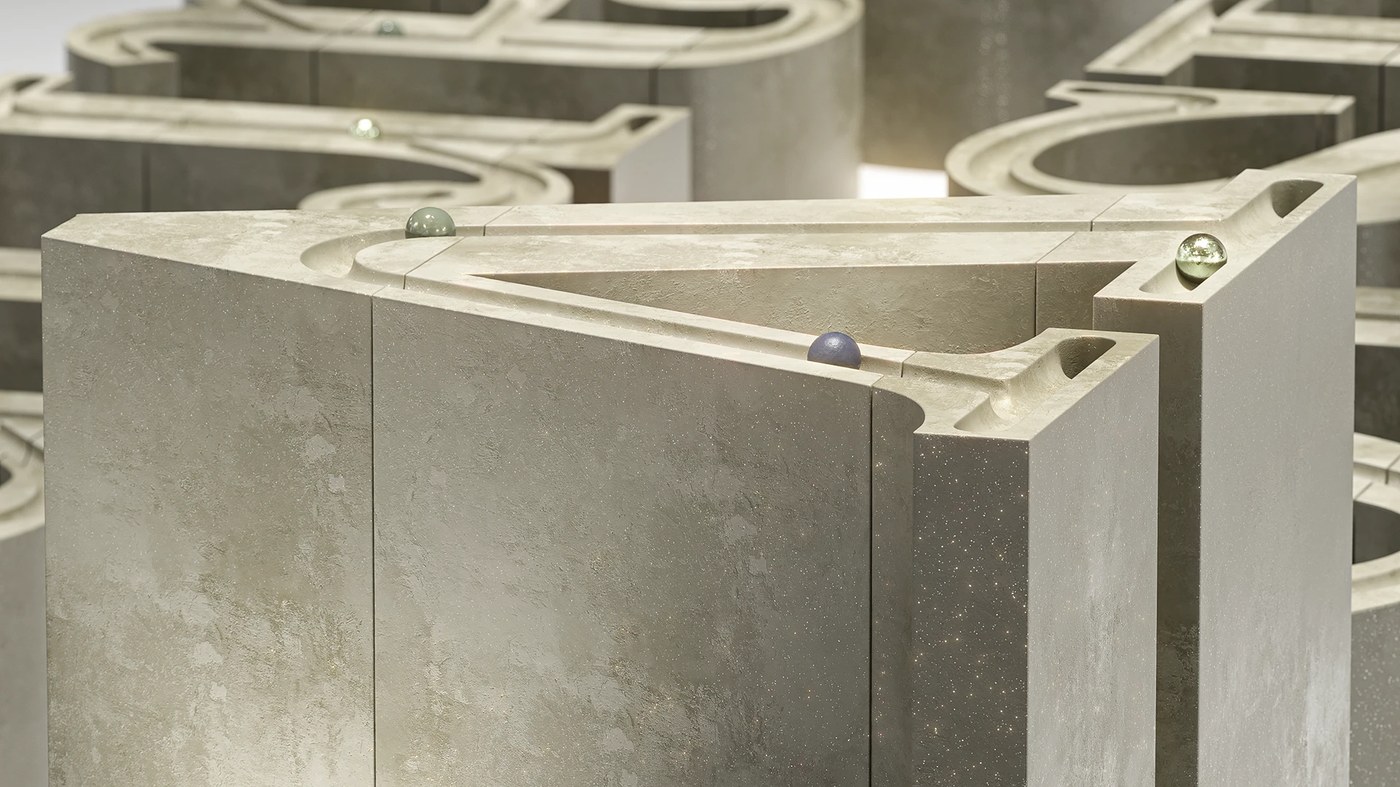 Image 2: 3D motion design Cinema 4D Redshift Andrew Moskvin stone structures rising near a dark basin