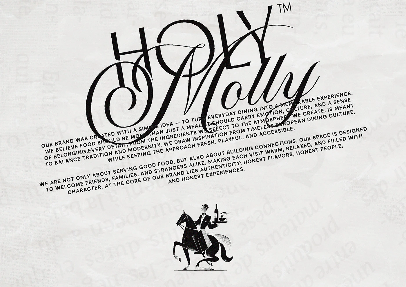 Image 1: Holy Molly logotype large over manifesto text with engraving-style mascot on cream paper — restaurant brand identity