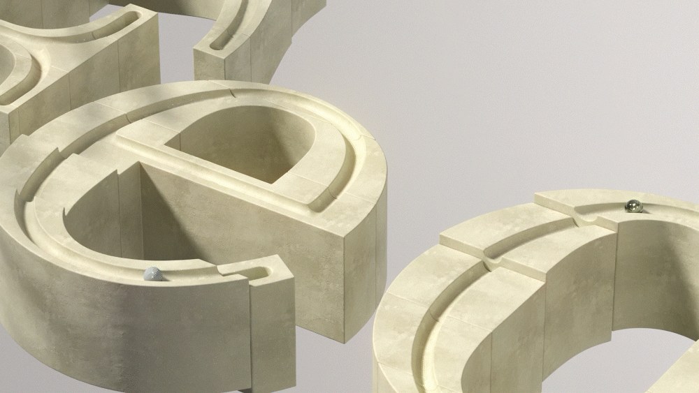 Image 3: 3D motion design Cinema 4D Redshift Andrew Moskvin geometric spheres rolling through architectural letters