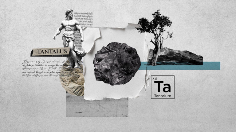 Image 2: Collage featuring Tantalus statue, rock, tree, and Tantalum periodic table element