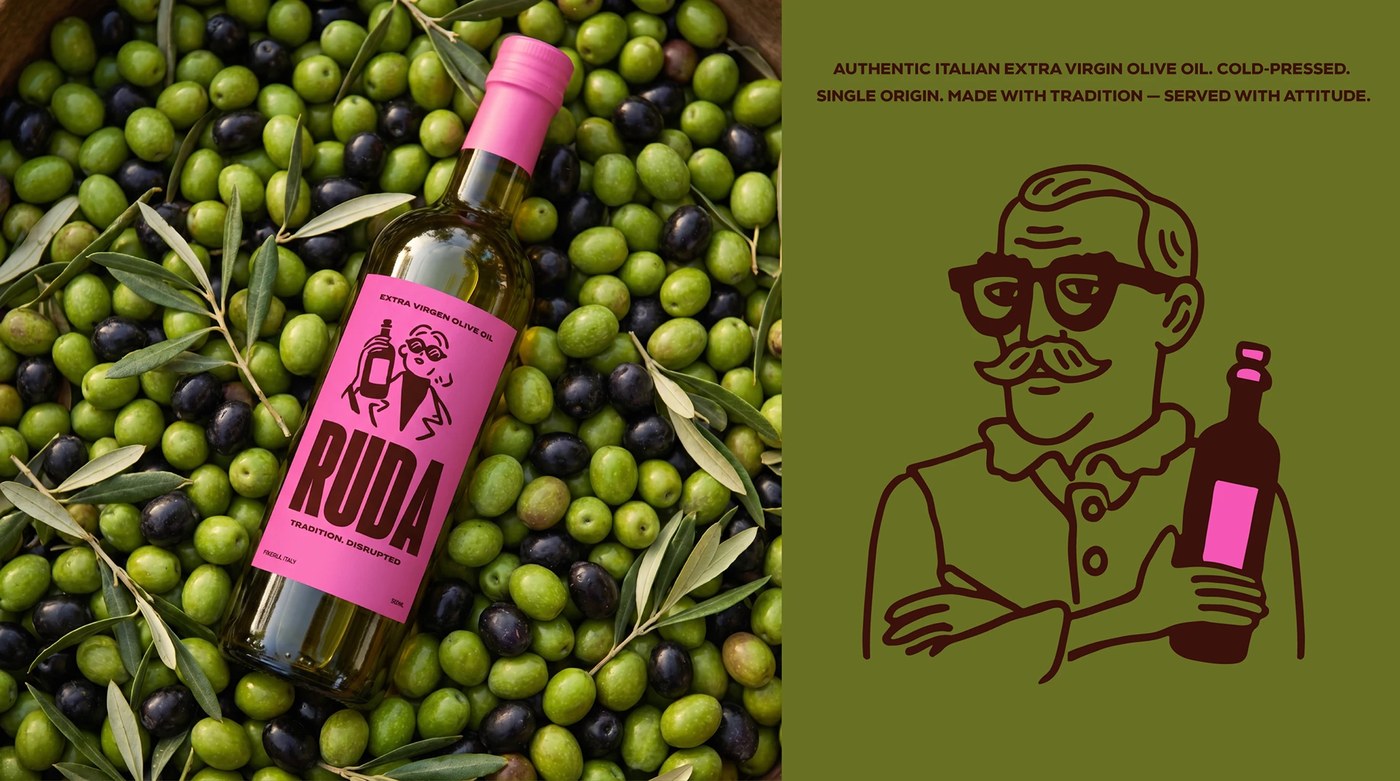 Image 4: Olive oil packaging application with high-contrast brand identity typography.