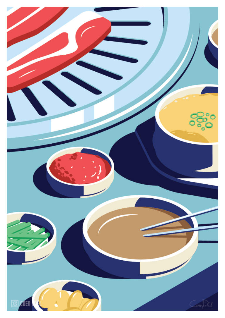 Sắc màu đêm Seoul qua tranh vector Korean BBQ scene in vector illustration poster series seoul nightlife