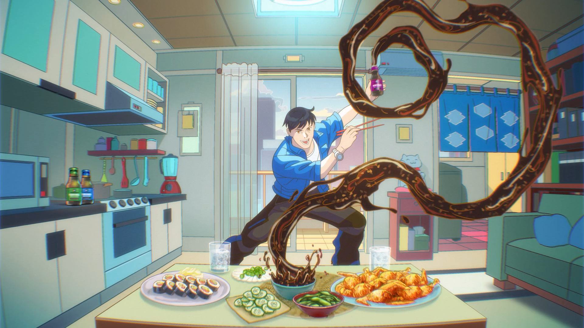 Image 3: Anime-styled frame from Hornet and Clubcamping's Kikkoman teriyaki campaign.