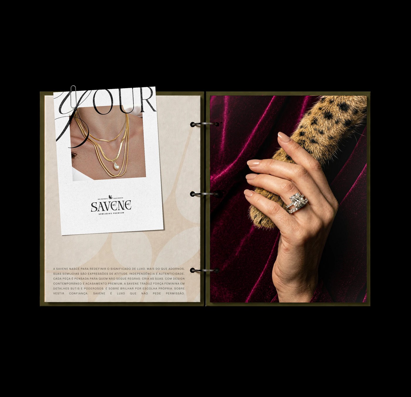 Image 7: Savene jewelry brand identity showing embossed typographic business card design