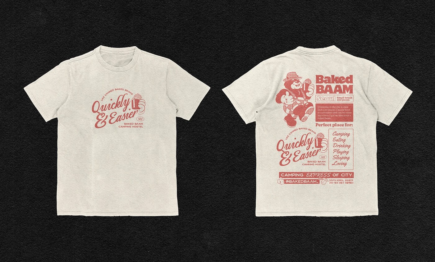 Image 7: White graphic t-shirt featuring Baked Baam visual identity brand illustration and wordmark - bakery packaging design by Monga Design