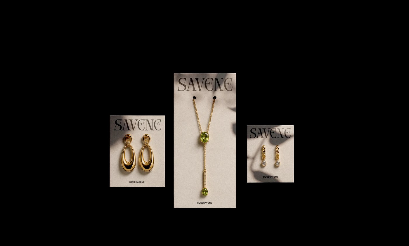 Image 6: Savene jewelry brand identity showing abstract branding graphics and art details