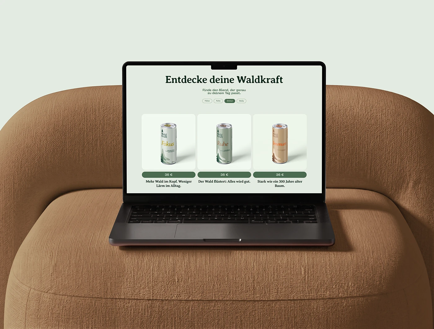 Image 4: WALDKRAFT cans styled among forest moss and pine branches — packaging design inspiration 2026
