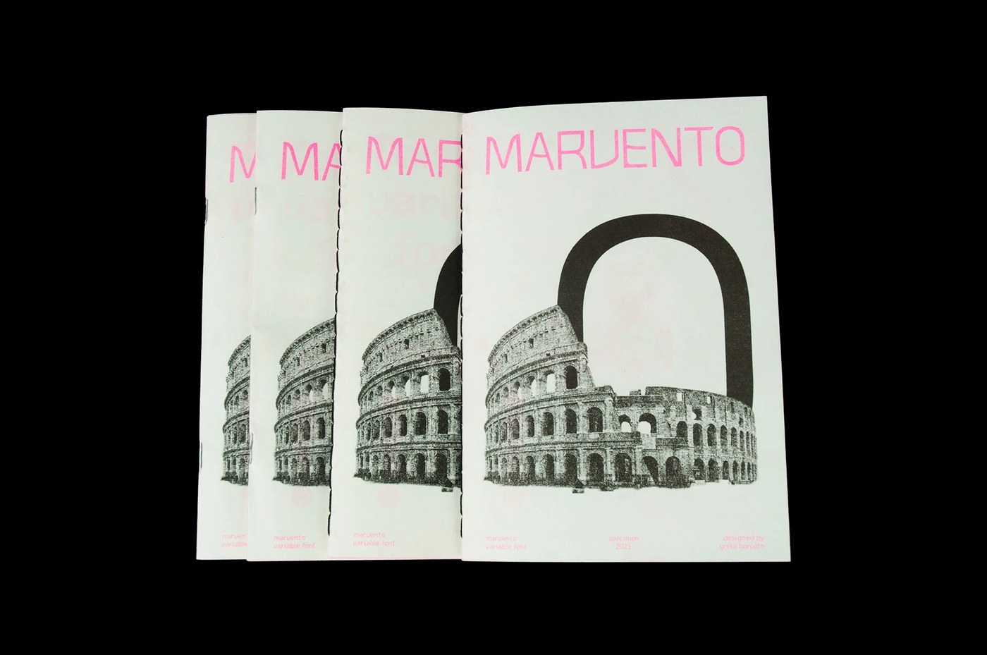 Image 3: Risograph printed spreads showing seven weights of the variable typeface