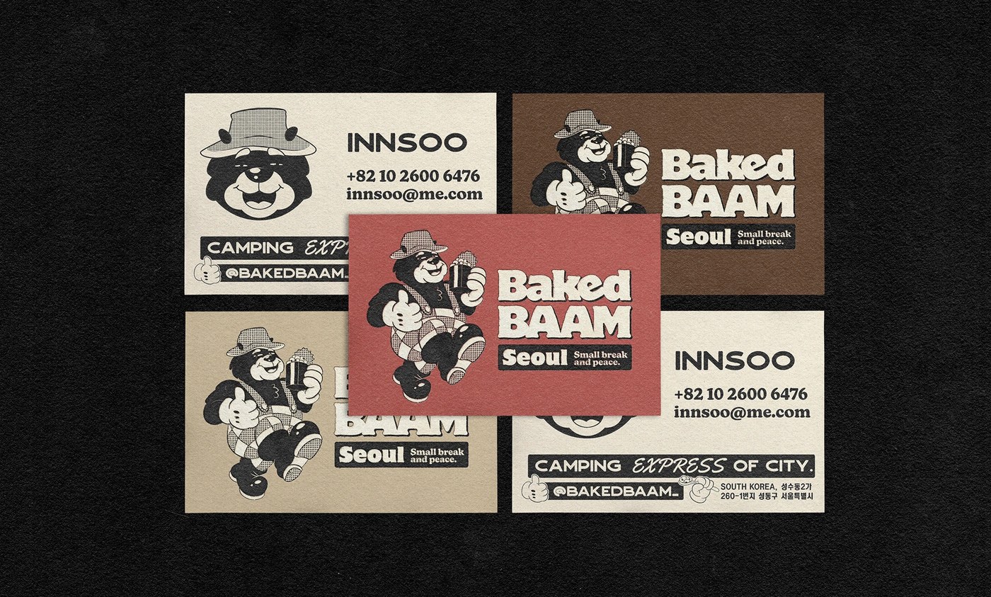 Image 6: Baked Baam graphic poster showing clean typographic alignment and camping hostel information - bakery packaging design by Monga Design