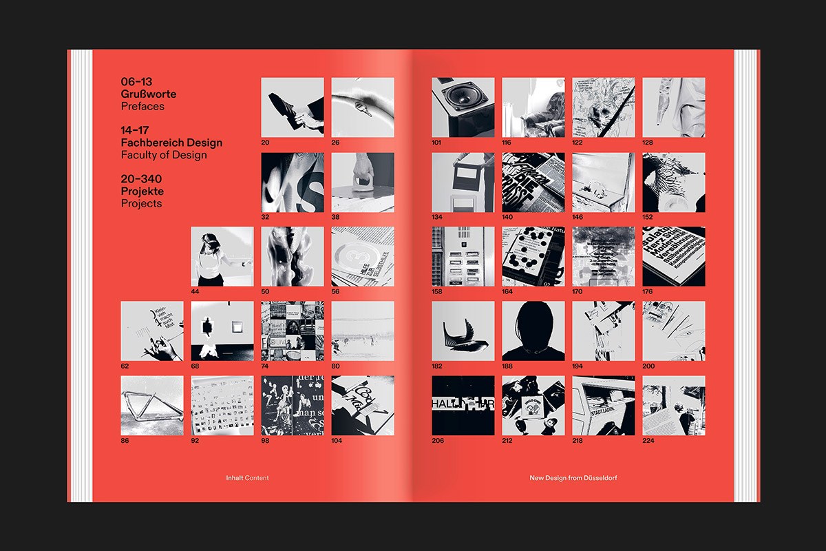 Image 2: Contents spread with coral-red grid — graphic design book New Design from Düsseldorf