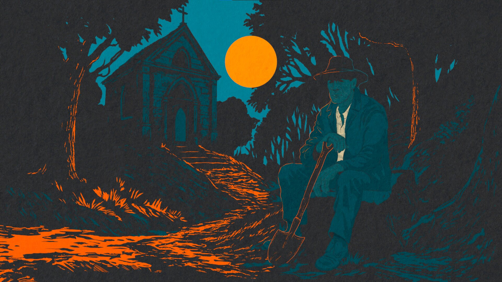 Image 8: Hand-drawn game art in orange and teal colours for the upcoming video game I Shall Name the Dead