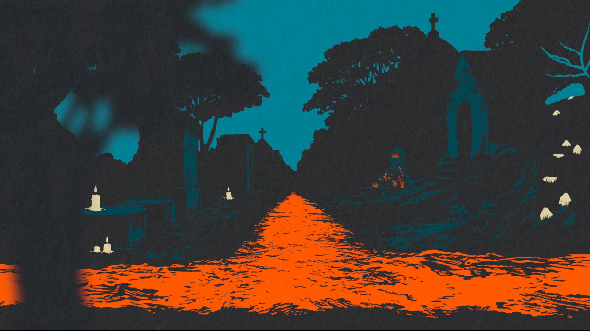 Image 9: Hand-drawn game art in orange and teal colours for the upcoming video game I Shall Name the Dead