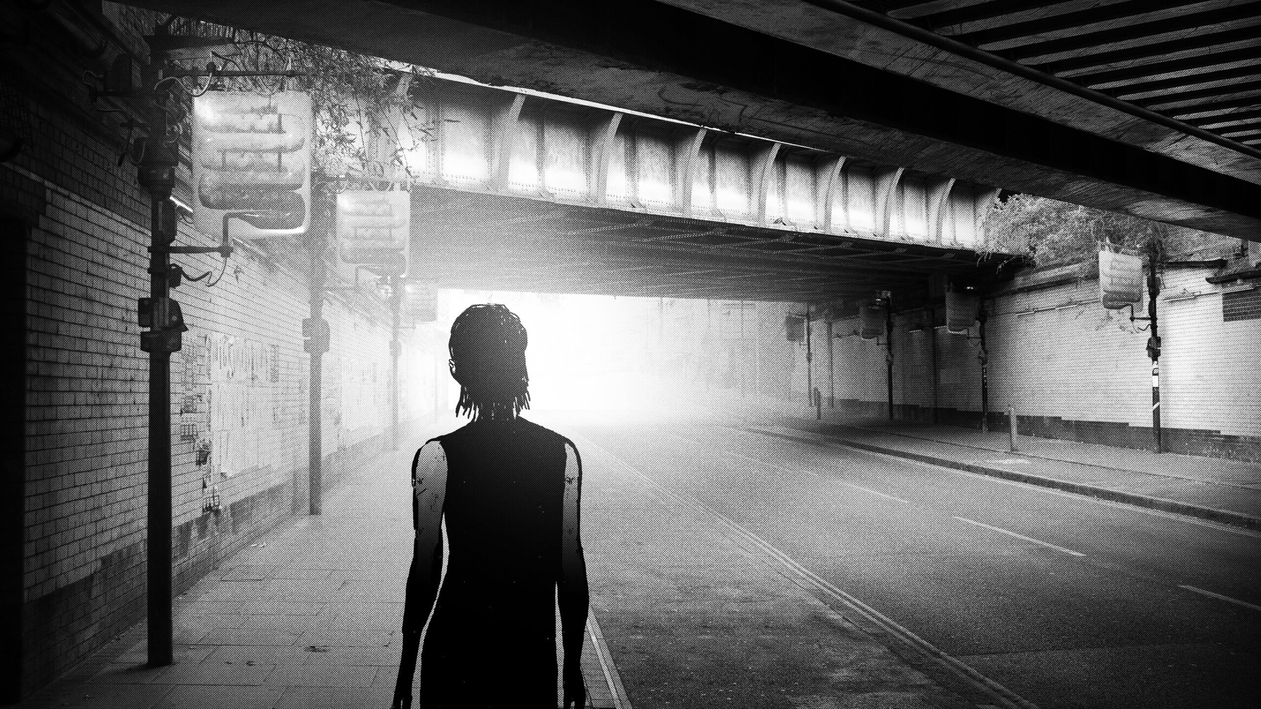 Image 2: Black and white images from a video game, a city cast in mist, building and people appear as silhouette