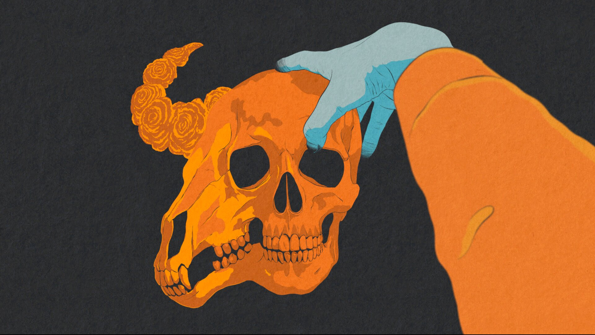 Image 1: Hand-drawn game art in orange and teal colours for the upcoming video game I Shall Name the Dead
