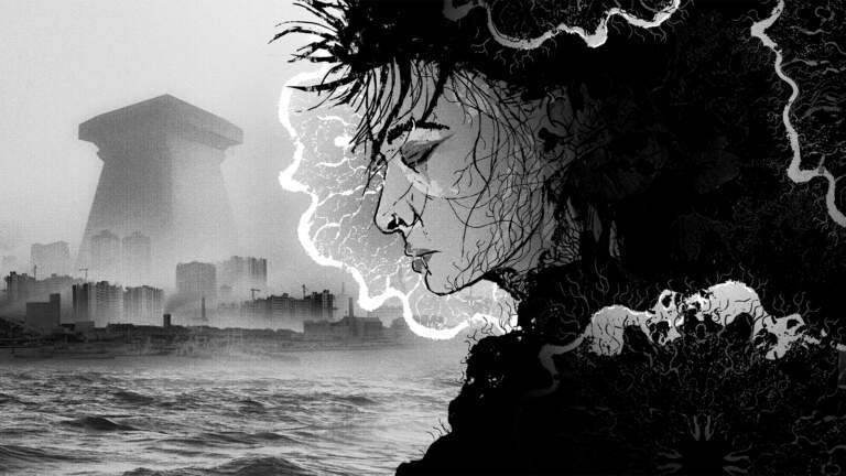 Đồ họa độc đáo của Signet City Image 1: A black-and-white illustration of a young woman in profile, her eyes closed, with her hair and clothing dissolving into intricate organic shapes, skulls, and branching tendrils.