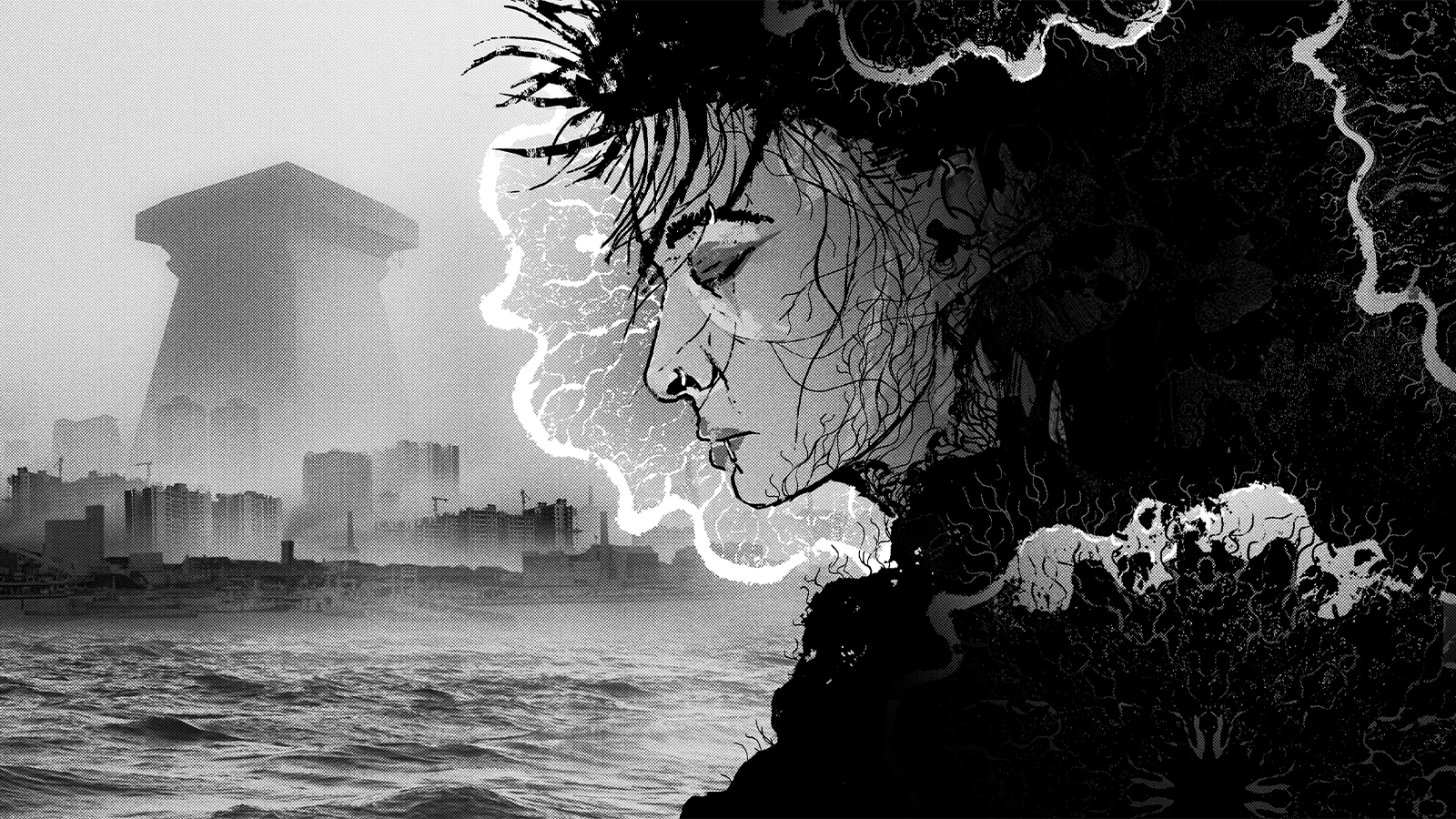Image 1: A black-and-white illustration of a young woman in profile, her eyes closed, with her hair and clothing dissolving into intricate organic shapes, skulls, and branching tendrils.