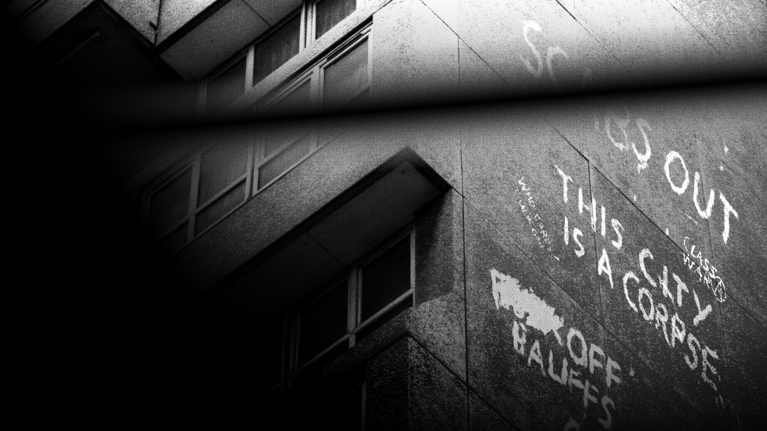 Image 6: Black and white images from a video game, a city cast in mist, building and people appear as silhouette