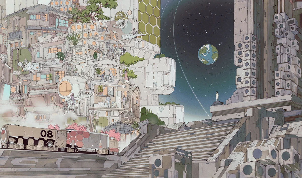 Scifi sci-fi science fiction moebius futuristic astronaut outerspace musiccover Cyberpunk solarpunk
