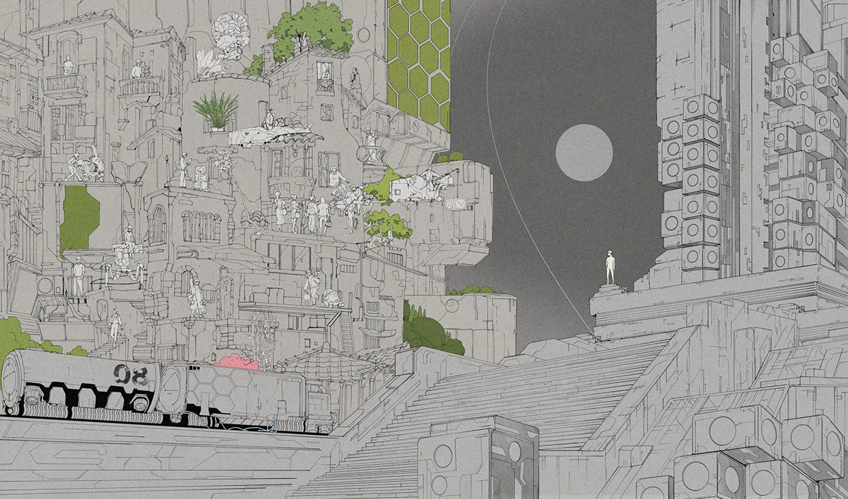 Scifi sci-fi science fiction moebius futuristic astronaut outerspace musiccover Cyberpunk solarpunk