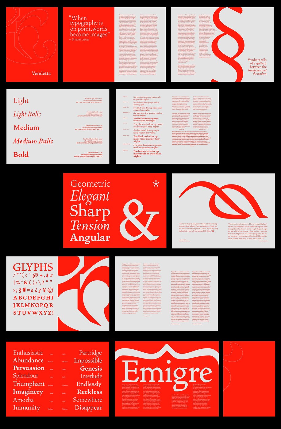 Image 2: vendetta typeface specimen book design layout typography showing the inner spreads and paragraph structures