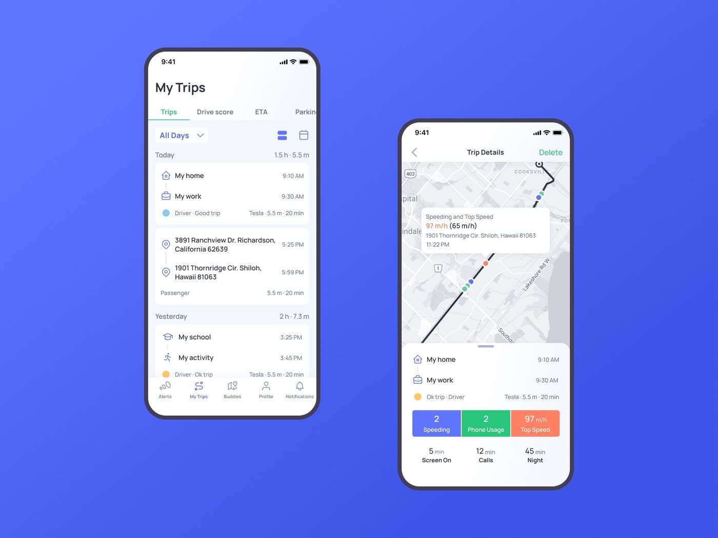 Image 5: otozen mobile app design ui ux safe driving map integration and route history screens
