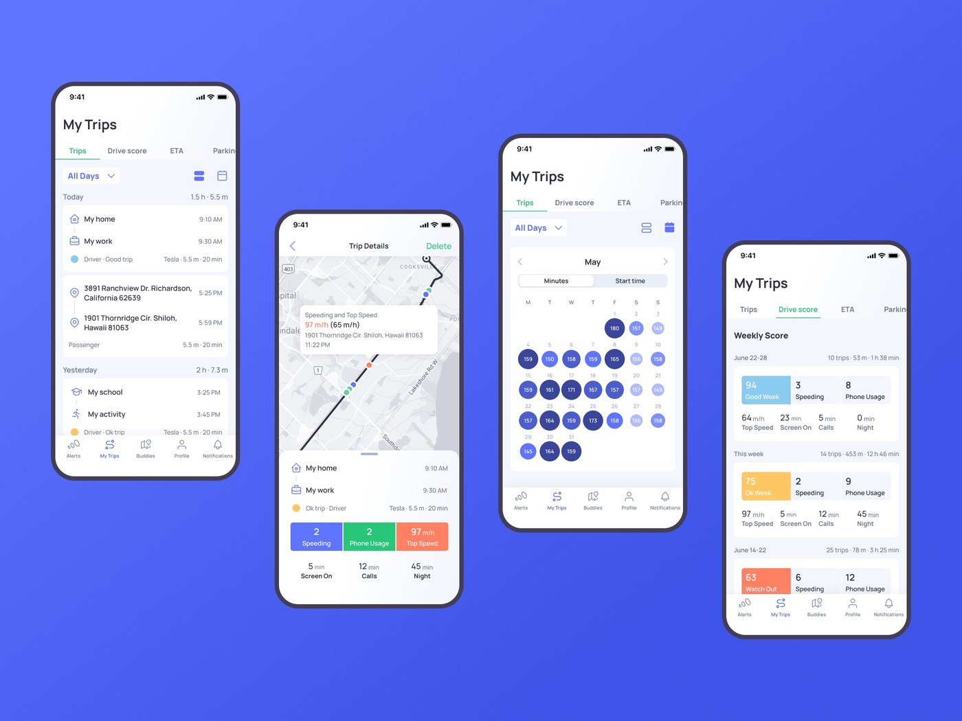 Image 3: otozen mobile app design ui ux safe driving trip history and logging screens