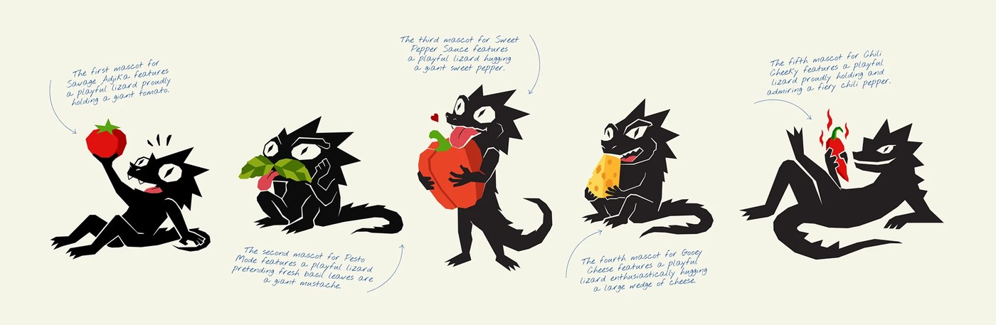 Image 3: Five character graphics in freaky lizard branding packaging yevheniia dutchak.