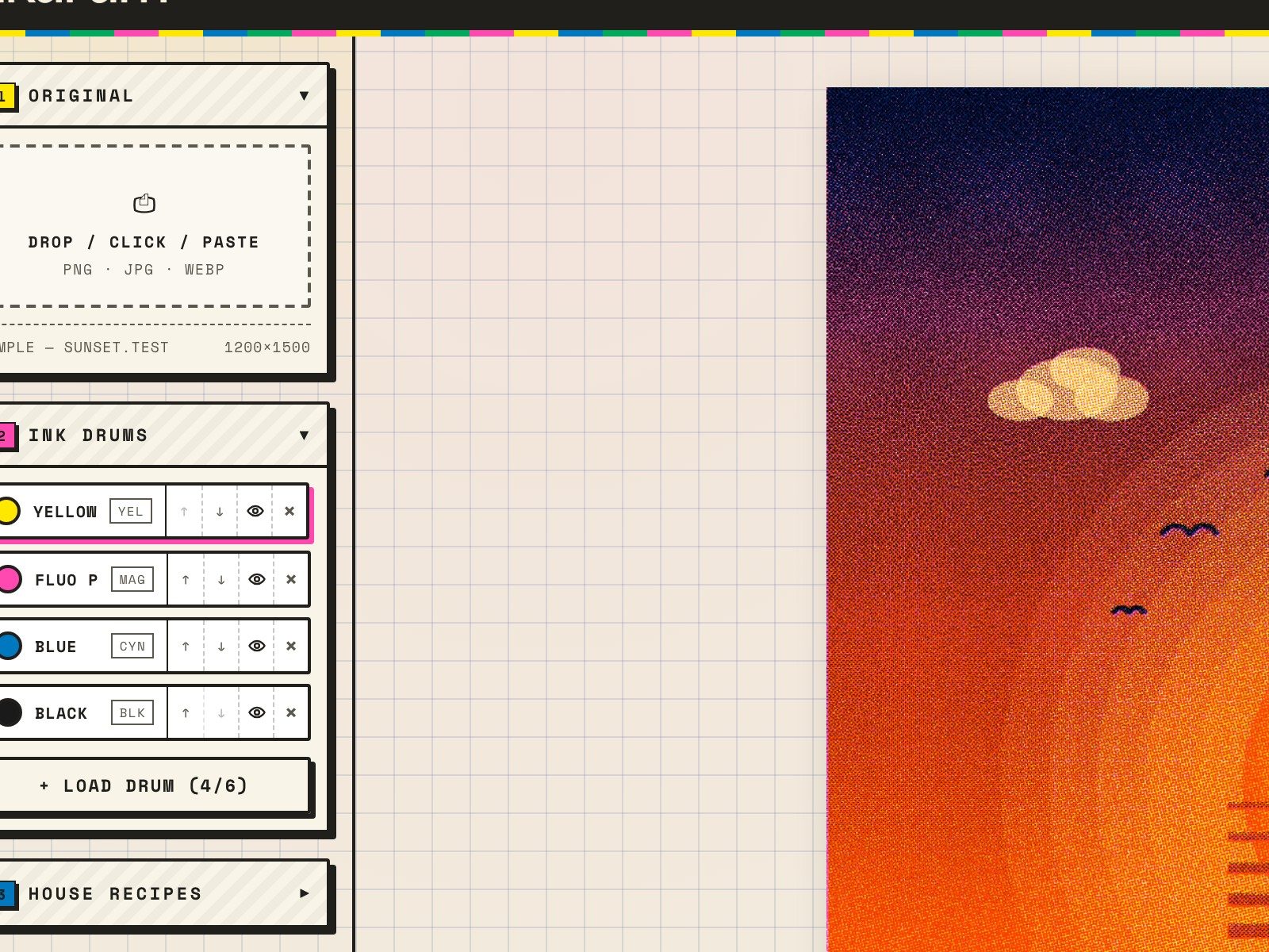 Image 3: INKDRUM Risograph print simulator top controls and color drum pickers