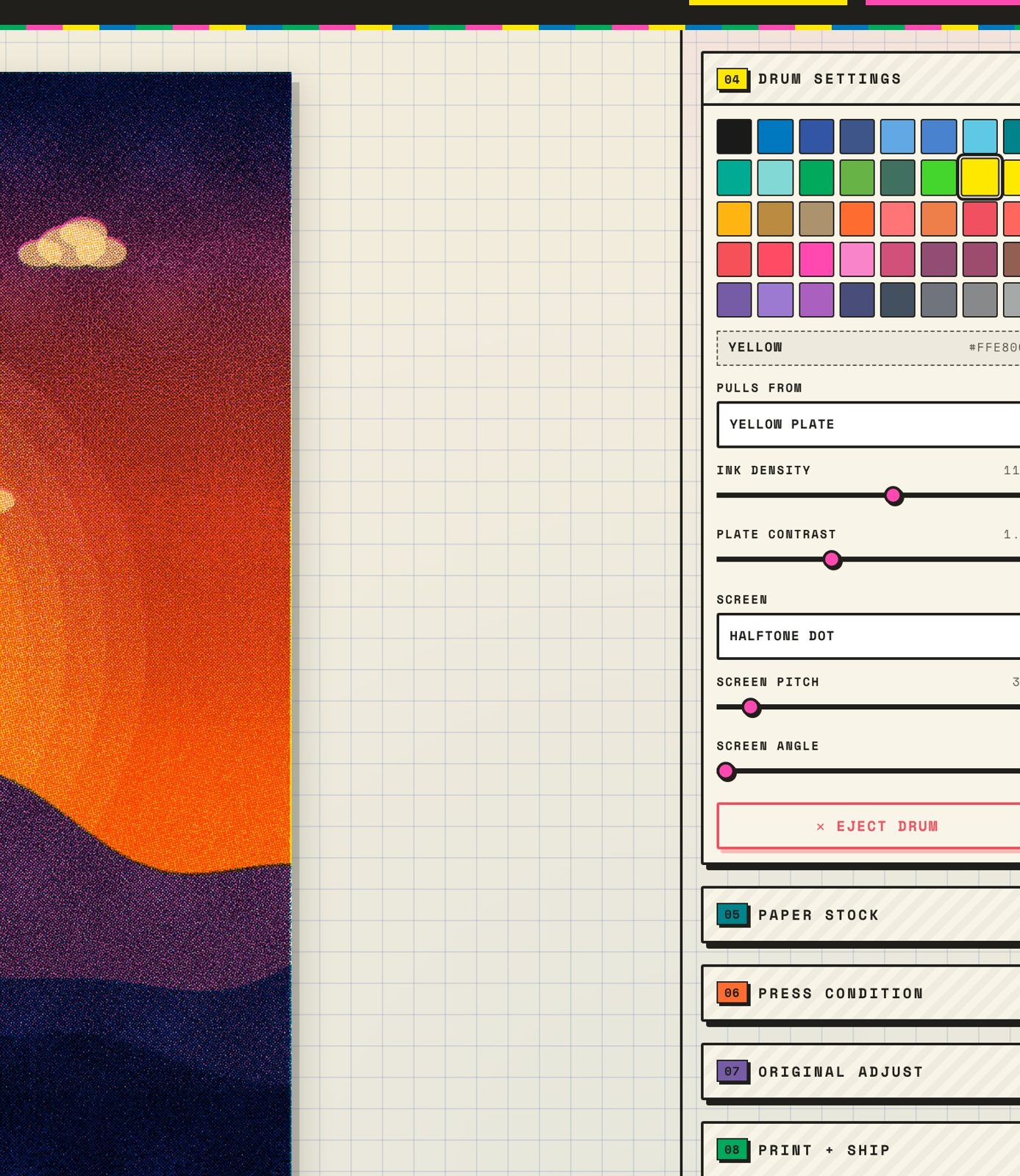 Image 4: INKDRUM Risograph print simulator layer controls and texture settings