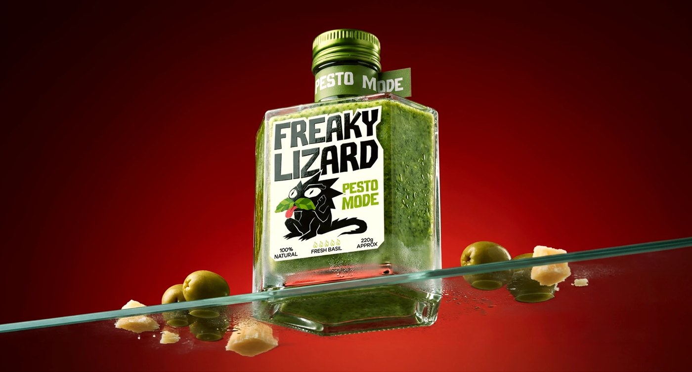 Image 1: Green pesto bottle showing freaky lizard branding packaging yevheniia dutchak elements.