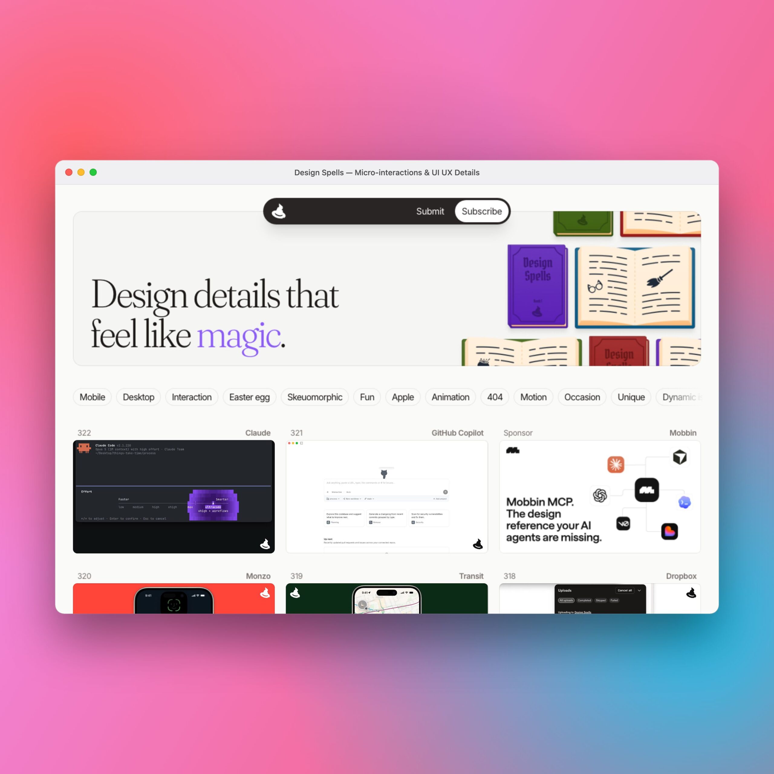 Image 1: Design Spells UI UX micro-interaction 1:1 square mac hero mockup