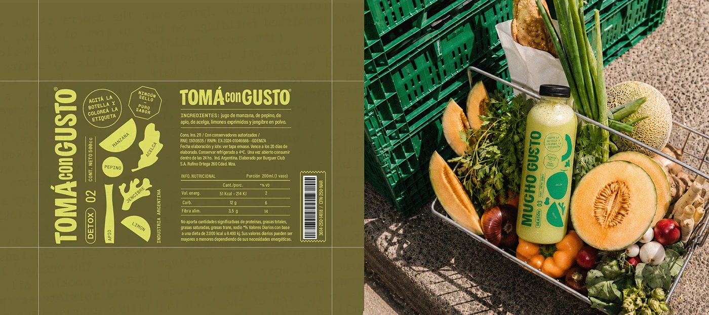 Image 8: Mucho Gusto beverage branding flat label print layout and nutrition grid