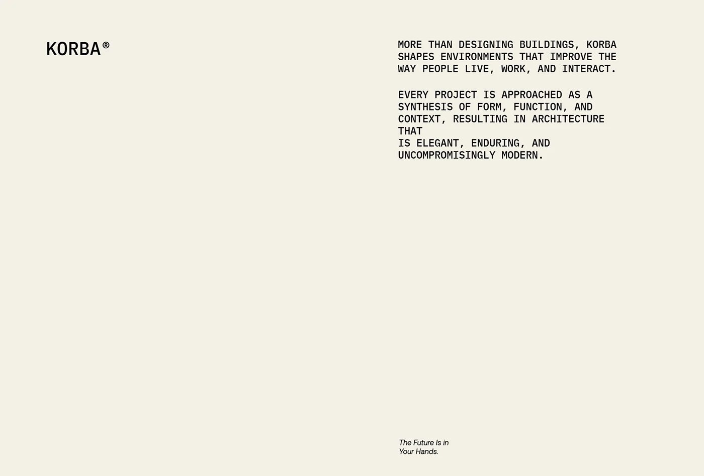 Image 5: KORBA architectural studio branding off-white typographic spread layout