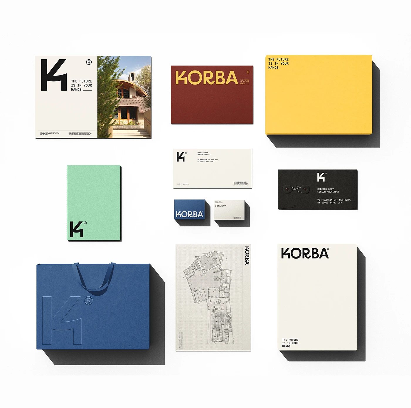 Image 1: KORBA architectural studio branding stationery flatlay with blue tote bag and blueprint