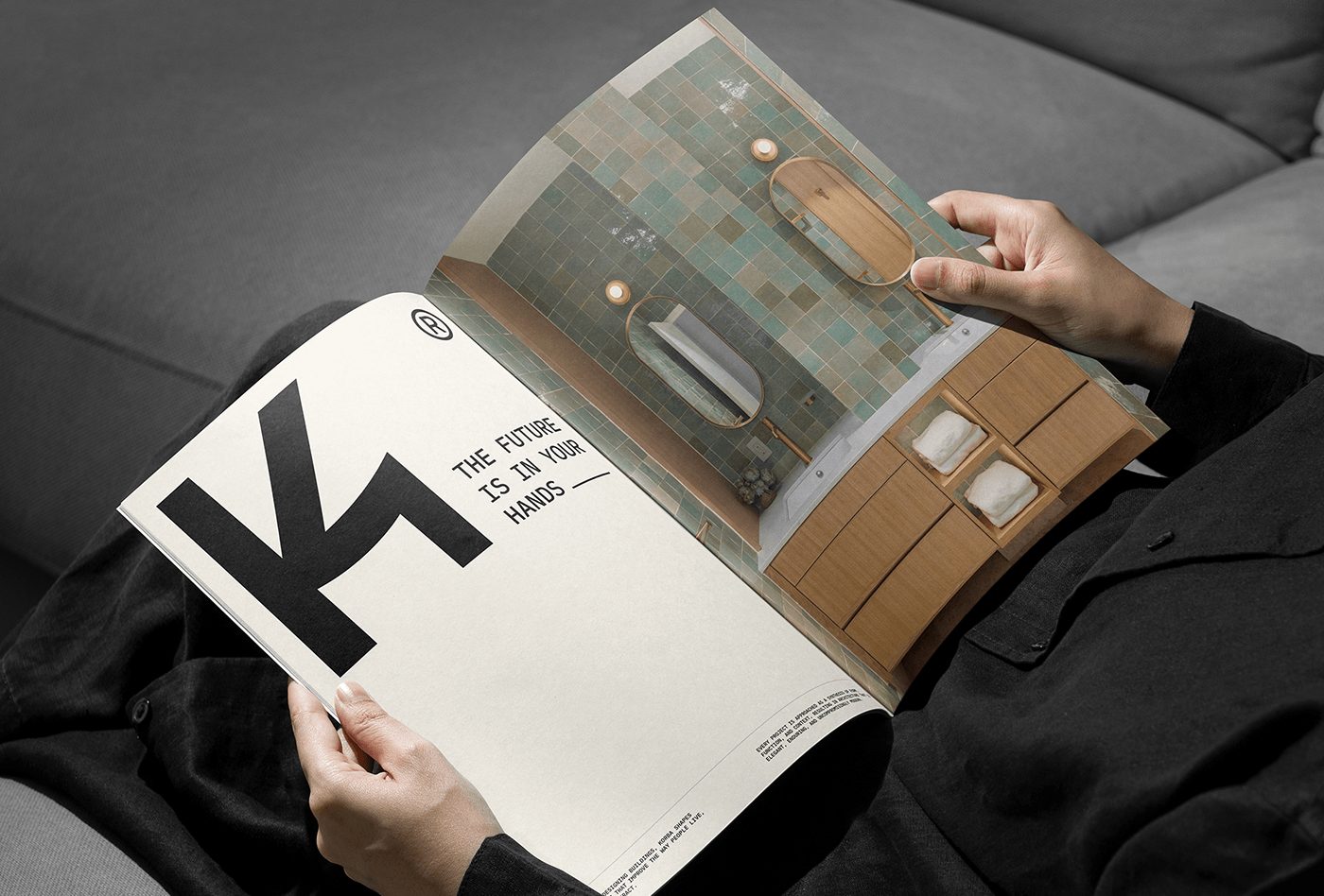 Image 2: KORBA architectural studio branding magazine editorial spread with typography