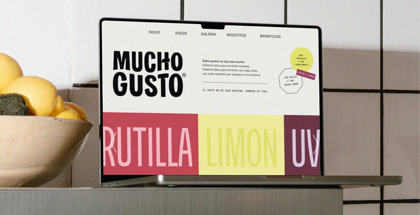 Image 5: Mucho Gusto beverage branding digital web layout on laptop screen