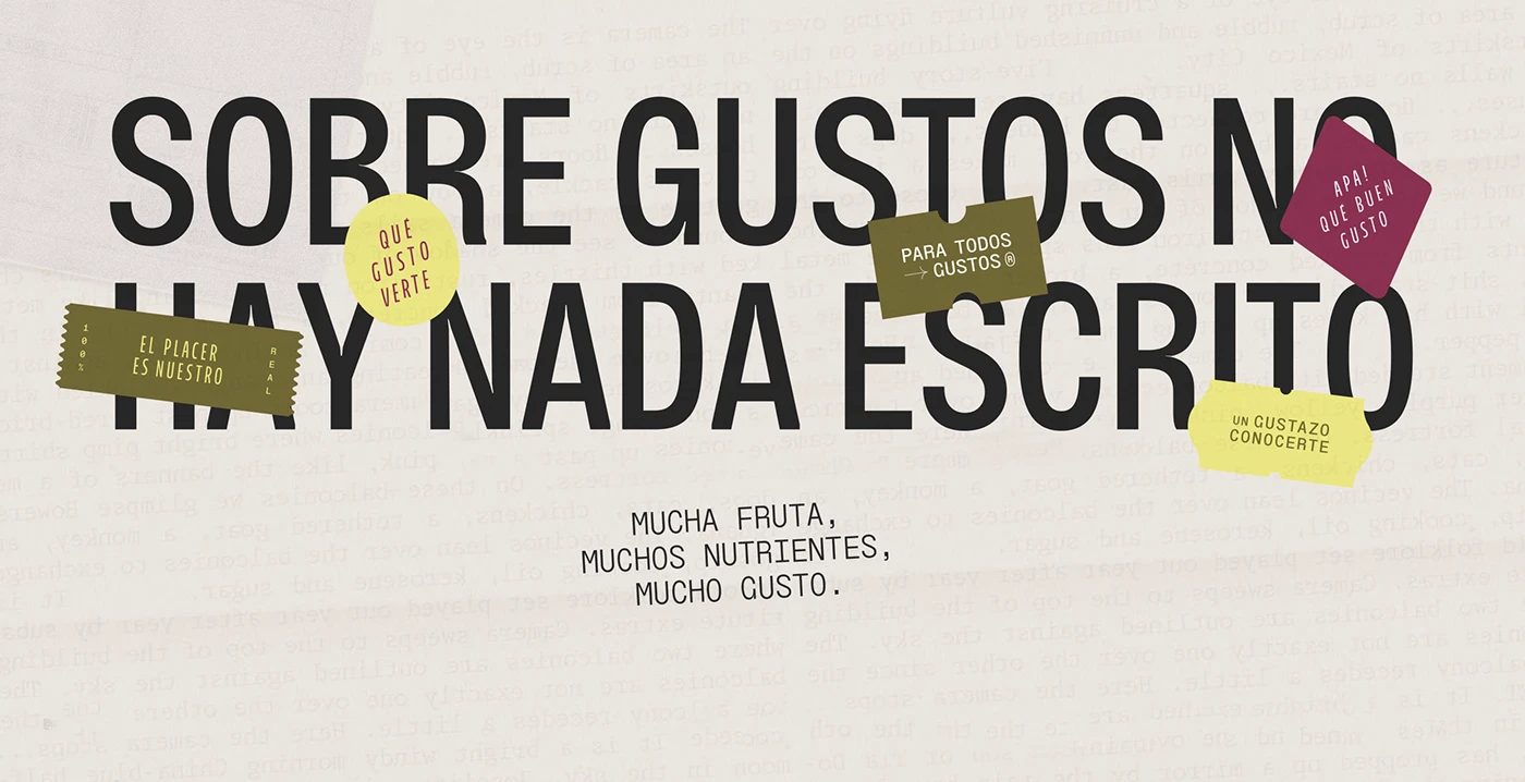 Image 3: Mucho Gusto beverage branding headline typography and sticker design system