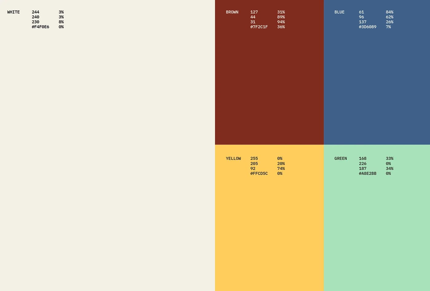 Image 9: KORBA architectural studio branding color palette grid with RGB CMYK codes