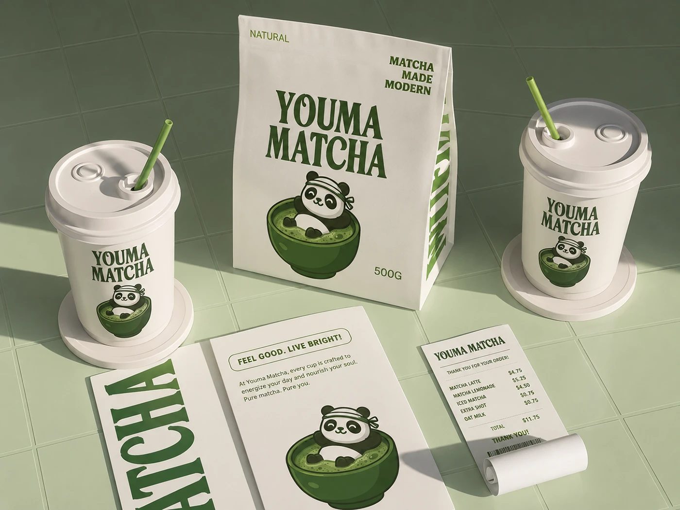 Image 1: Youma Matcha branding and packaging flat-lay suite by Jaweriya Hashmat
