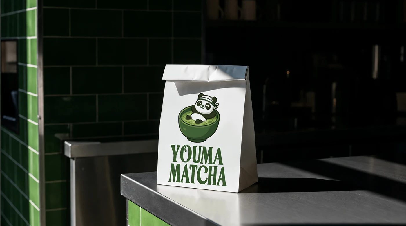 Image 4: Youma Matcha branding paper takeaway bag on metal counter