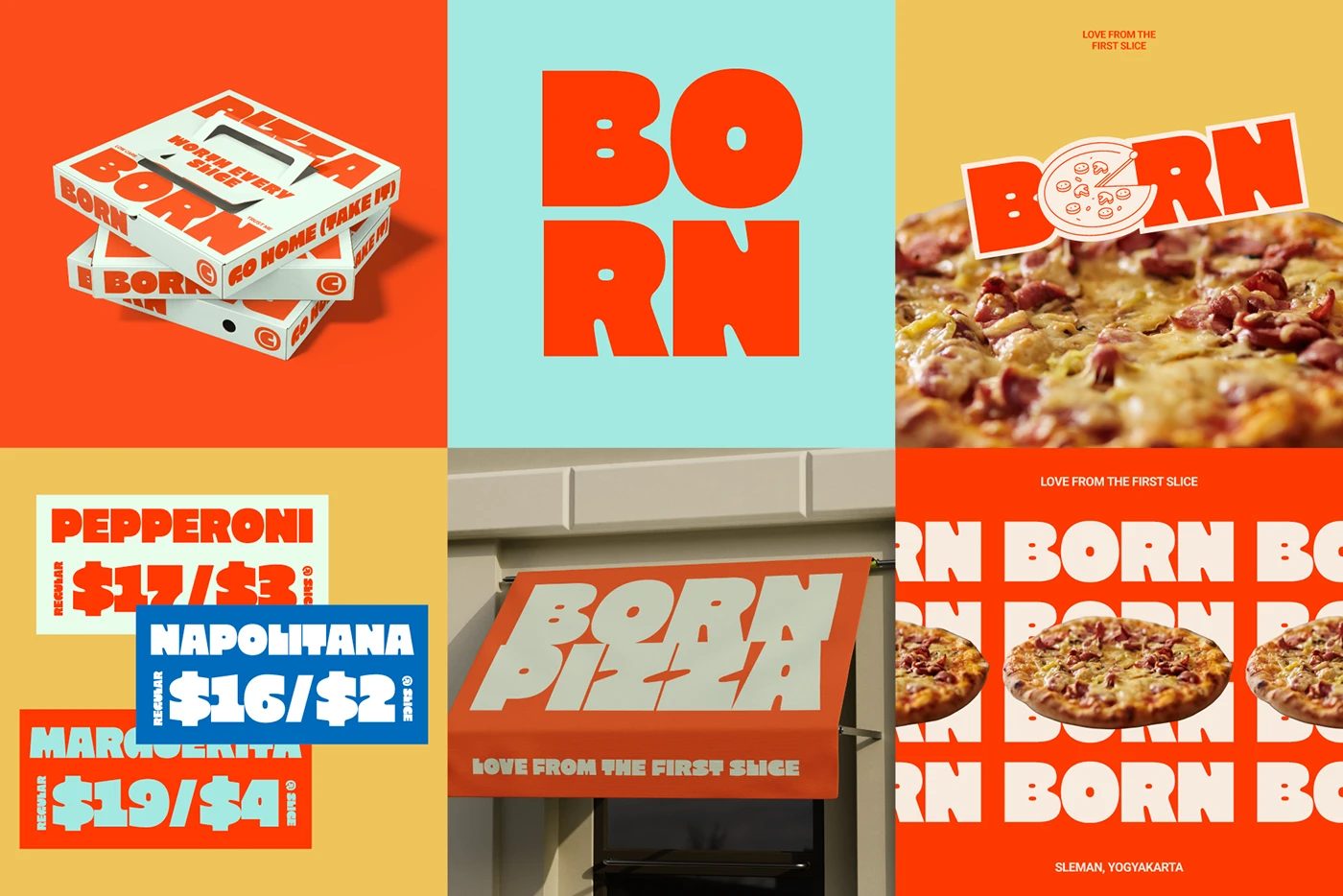 Image 5: Maltique extra bold chunky sans typography pizza brand identity collateral grid