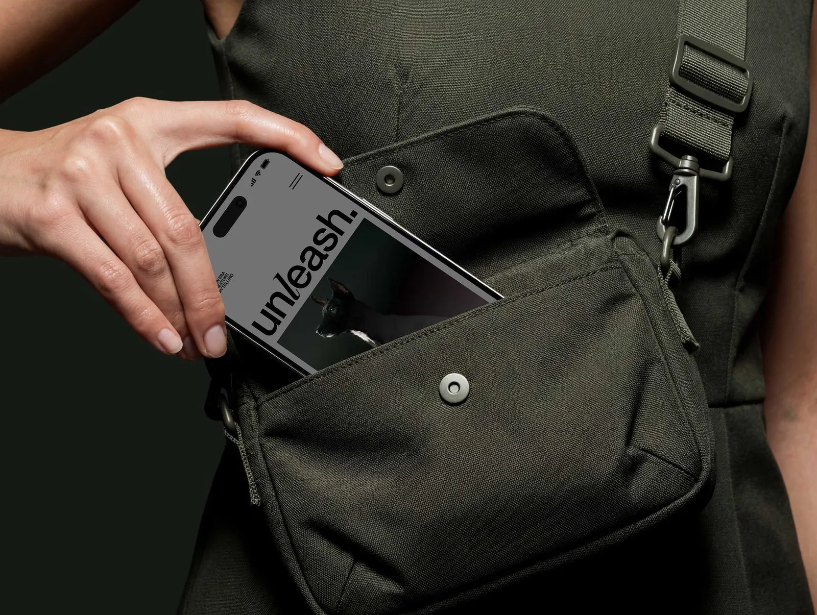 Image 4: Unleash pet storytelling branding mobile web interface in canvas shoulder bag